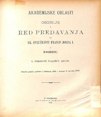 1885/86 : Red predavanja: ...u zimskom poljeću... / Sveučilište u Zagrebu