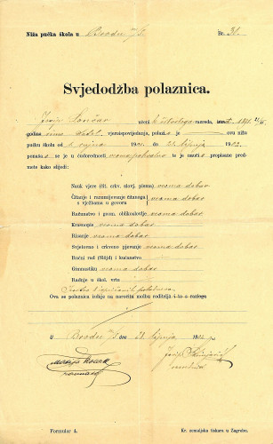 Polaznica Josipa Lončara za četvrti razred Niže pučke škole u Brodu na Savi (1902.)