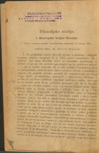 Filozofijske studije : Metalogički korijen fiozofije / Albert Bazala