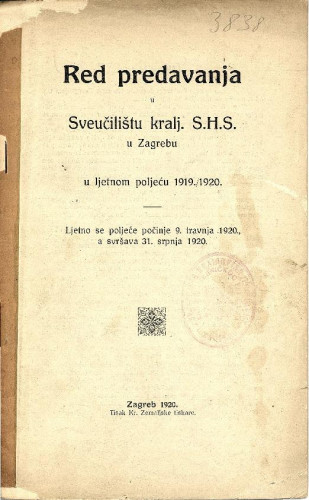 Red predavanja u Sveučilištu kraljevine SHS u Zagrebu u ljetnom poljeću 1919. - 1920.