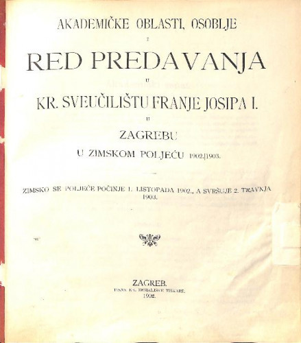 1902/1903 : Red predavanja...u zimskom poljeću... / Sveučilište u Zagrebu