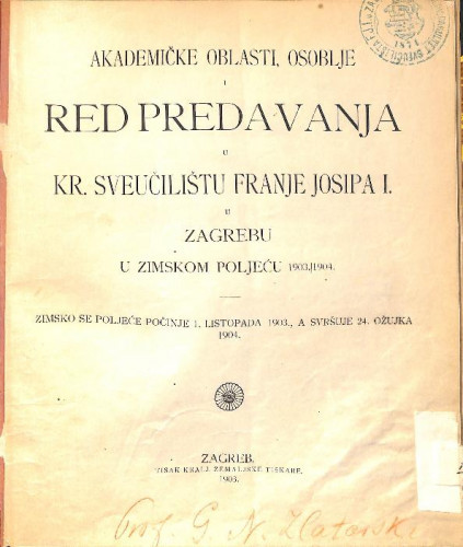 1903/1904 : Red predavanja...u zimskom poljeću... / Sveučilište u Zagrebu