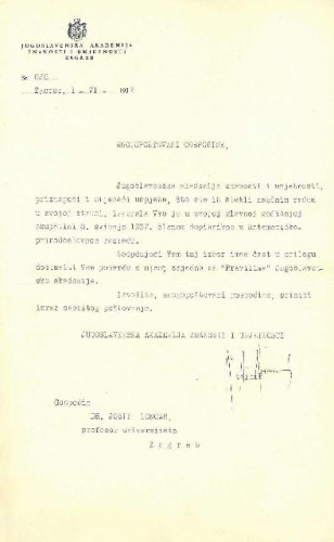 Isprava Jugoslavenske akademije znanosti i umjetnosti kojom se utvrđuje da je Josip Lončar izabran za člana dopisnika u Matematičko-prirodoslovnom razredu