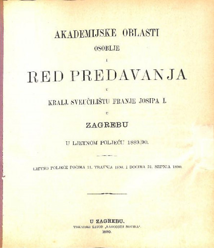 1889/90 : Red predavanja... u ljetnom poljeću... / Sveučilište u Zagrebu