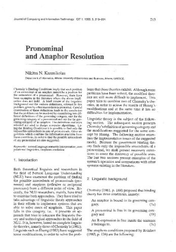 Pronominal and Anaphor Resolution / Nikitas N. Karanikolas