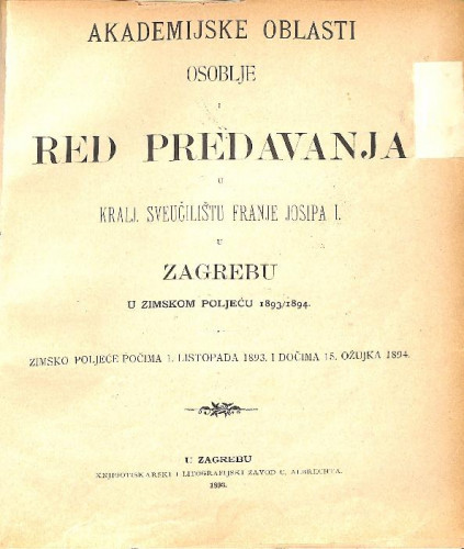 1893/94 : Red predavanja...u zimskom poljeću... / Sveučilište u Zagrebu