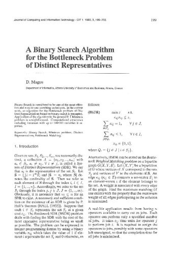 A Binary Search Algorithm for the Bottleneck Problem of Distinct Representatives / Magos, D.