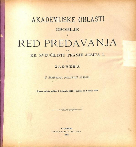1888/89 : Red predavanja... u zimskom poljeću... / Sveučilište u Zagrebu