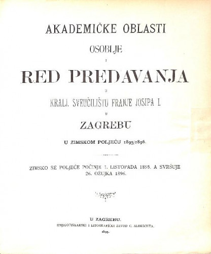 1895/96 : Red predavanja...u zimskom poljeću... / Sveučilište u Zagrebu