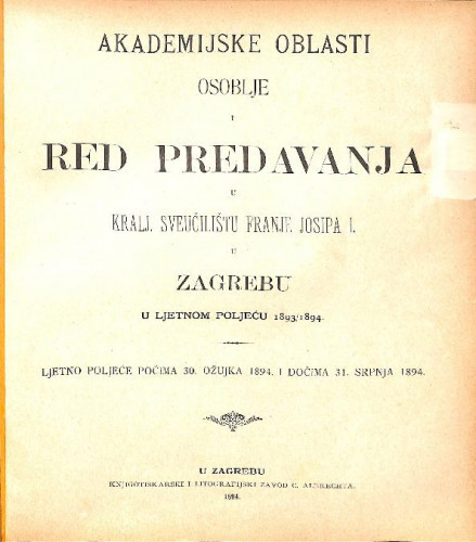 1893/94 : Red predavanja...u ljetnom poljeću... / Sveučilište u Zagrebu