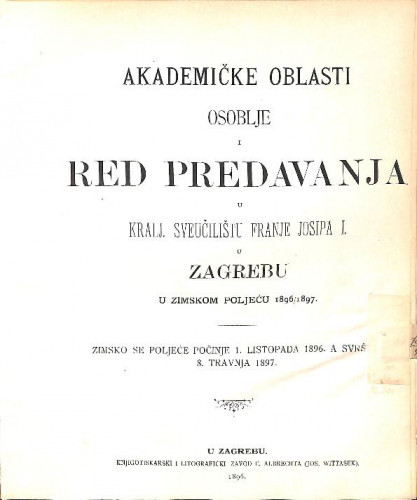 1896/97 : Red predavanja...u zimskom poljeću... / Sveučilište u Zagrebu