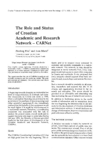The Role and Status of Croatian Academic and Research Network - CARNet / Predrag Pale, Ivan Marić