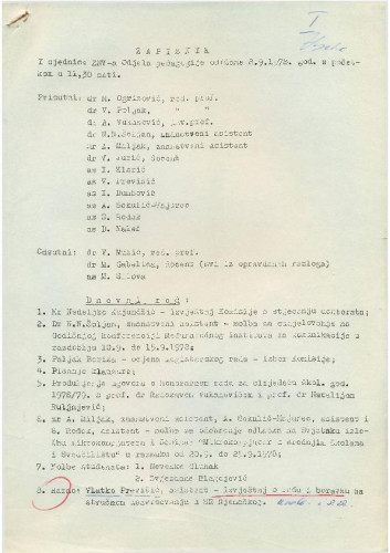 1. redovna sjednica Odjela za pedagogiju 1978.-1979.