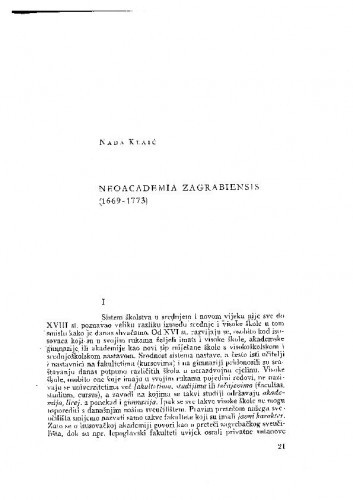 Neoacademia Zagrabiensis : (1669-1773) / Nada Klaić