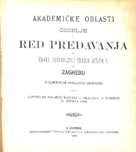 1898/99 : Red predavanja... u ljetnom poljeću... / Sveučilište u Zagrebu