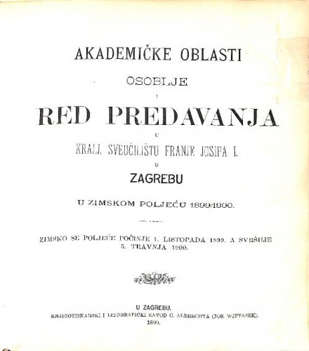 1899/1900 : Red predavanja...u zimskom poljeću... / Sveučilište u Zagrebu