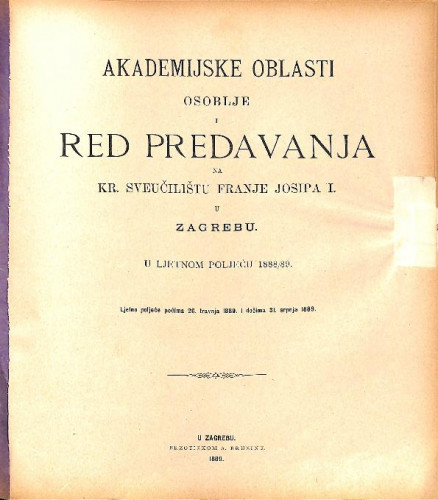 1888/89 : Red predavanja...u ljetnom poljeću... / Sveučilište u Zagrebu