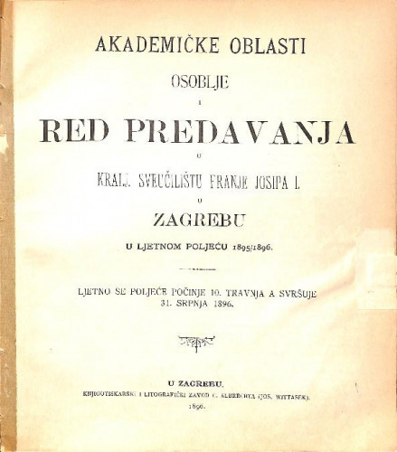 1895/96 : Red predavanja...u ljetnom poljeću... / Sveučilište u Zagrebu