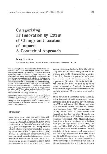 Categorizing IT Innovation by Extent of Change and Location of Impact: A Contextual Approach / Mary Brabston