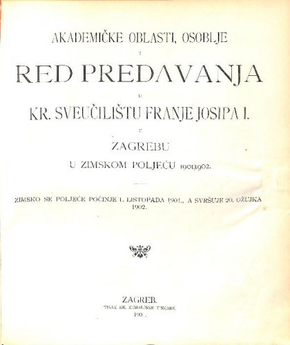 1901/1902 : Red predavanja...u zimskom poljeću... / Sveučilište u Zagrebu