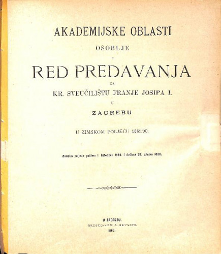 1889/90 : Red predavanja... u zimskom poljeću... / Sveučilište u Zagrebu