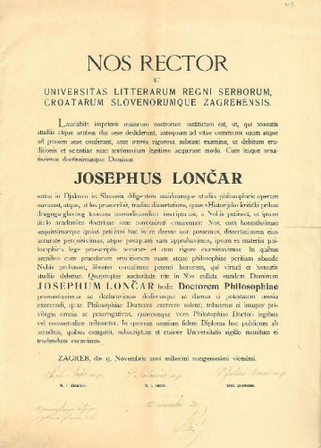 Diploma doktora znanosti Josipa Lončara stečena na Sveučilištu u Zagrebu