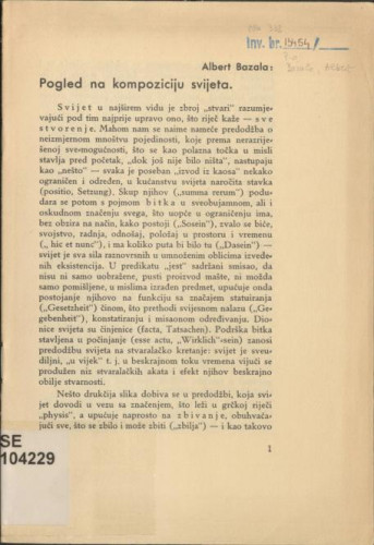 Pogled na kompoziciju svijeta / Albert Bazala