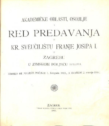 1913/1914 : Red predavanja...u zimskom poljeću... / Sveučilište u Zagrebu