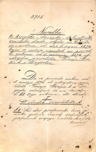 Naredba Kraljevske hrvatsko-slavonske-dalmatinske zemaljske vlade od 5. rujna 1874. : Sveučilište Franje Josipa I. u Zagrebu.