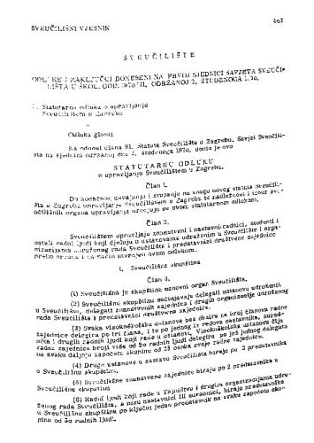 Statutarna odluka o upravljanju Sveučilištem u Zagrebu : 1970 / Sveučilište u Zagrebu