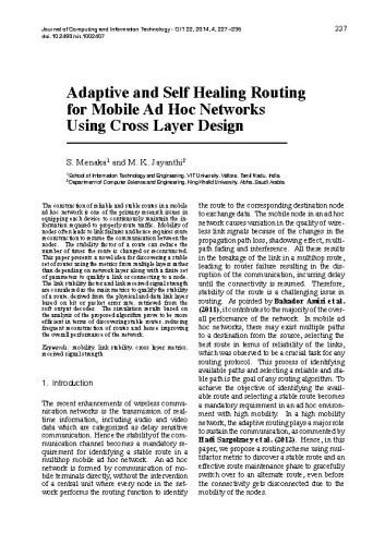 Adaptive and Self Healing Routing for Mobile AdHoc Networks Using Cross Layer Design / Menaka, S.