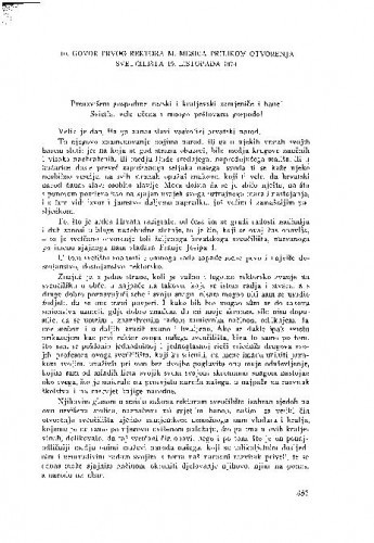 Govor prvog rektora M. Mesića prilikom otvorenja Sveučilišta 19. listopada 1874 / M. Mesić. Prilozi za povijest visokoškolske nastave u Zagrebu