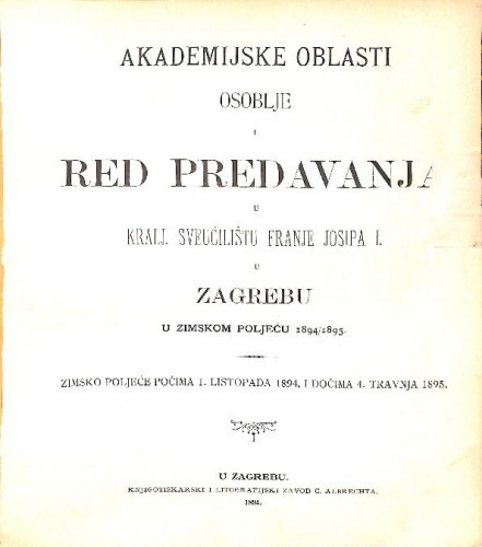 1894/95 : Red predavanja...u zimskom poljeću... / Sveučilište u Zagrebu
