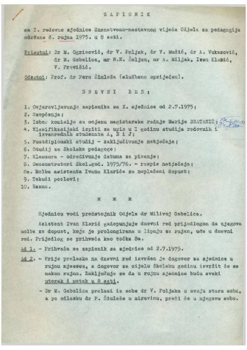 1. redovna sjednica Odjela za pedagogiju 1975.-1976.