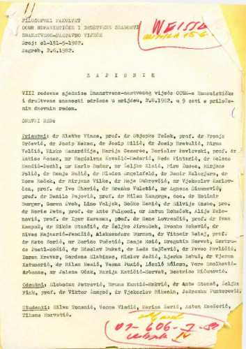 8. redovna sjednica OOUR-a Humanističke i društvene znanosti 1981.-1982.