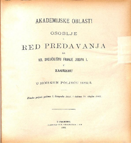 1882/83 : Red predavanja... u zimskom poljeću... / Sveučilište u Zagrebu