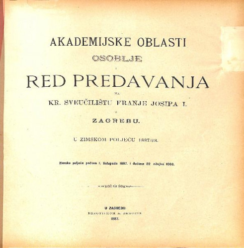 1887/88 : Red predavanja:...u zimskom poljeću... / Sveučilište u Zagrebu