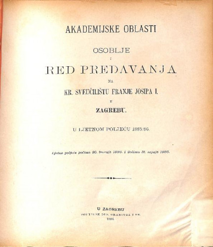 1885/86 : Red predavanja:...u ljetnom poljeću... / Sveučilište u Zagrebu