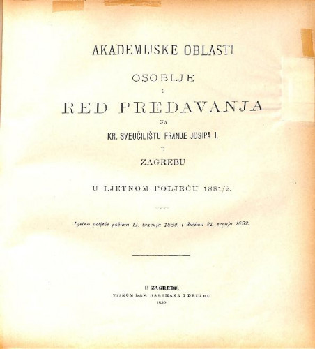 1881/82 : Red predavanja...u ljetnom poljeću... / Sveučilište u Zagrebu