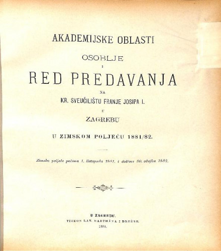1881/82 : Red predavanja... u zimskom poljeću... / Sveučilište u Zagrebu