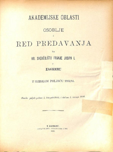 1883/84 : Red predavanja:... u zimskom poljeću... / Sveučilište u Zagrebu
